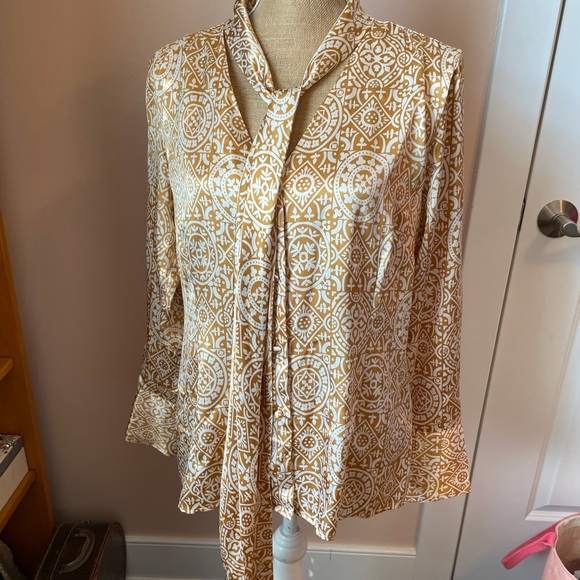 BCBGMaxazria Tan Cream Sateen Tie Neck Blouse - Picture 2 of 6